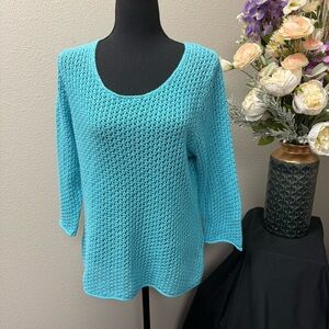TanJay Aqua Blue Open Knit Pullover Sweater 3/4 Sleeve Lightweight Casual